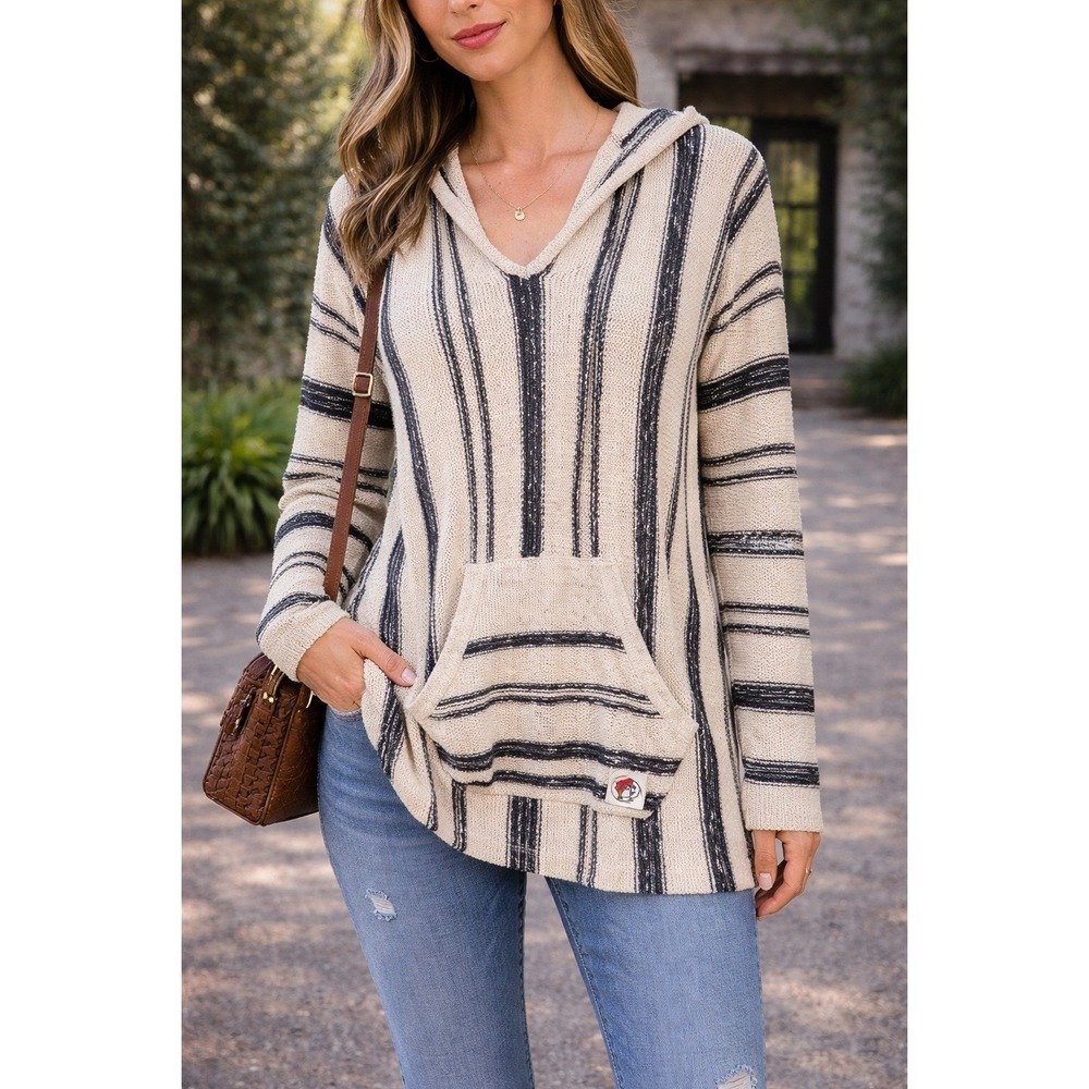 Buc-ee's Striped Knit Hoodie Poncho - Oversized Coastal Cowboy Pullover 2XL - Picture 2 of 5